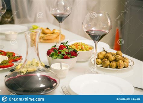 Table Setting With Red Wine And Strawberries Stock Image Image Of Movement Restaurant
