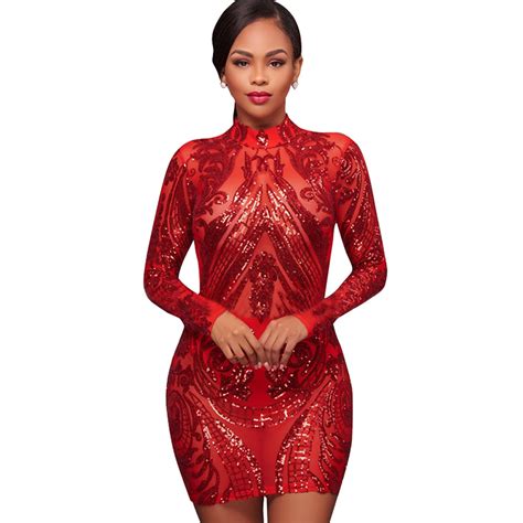 Buy Sexy Sheer Mesh Red Long Sleeve Sequin Dress Women