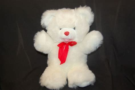 My Toy White Teddy Bear Pink Tongue Red Bow 13 Plush Stuffed Animal