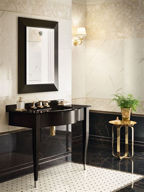 After 35 years at the forefront of luxury fashion, versace home barely needs an introduction. Powder room with Versace wall marble and floor tiles. Note ...