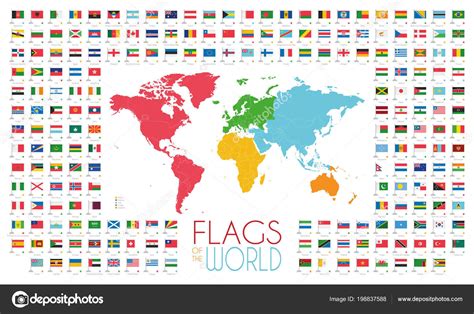 204 World Flags World Map Continents Vector Illustration Stock Vector