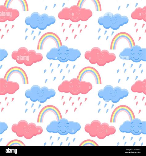 Seamless Pattern With Rainbows And Clouds Vector Illustration Stock