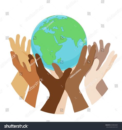 Hands With Earth People Of The World Holding The Globe Flat Vector