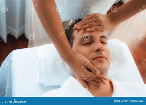 Caucasian Man Enjoying Relaxing Anti Stress Head Massage Quiescent Stock Image Image Of