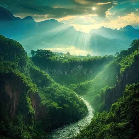 Majestic Magical Fantasy Landscape With Mountains River Waterfall