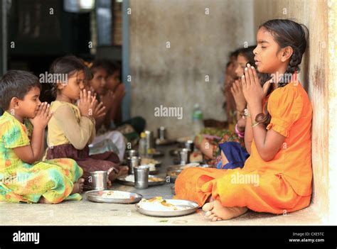 Indian School Children Praying Before Lunch Andhra Pradesh South India