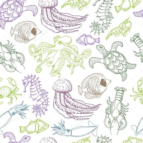 Seamless Pattern With Hand Drawn Sea Animals Stock Vector By