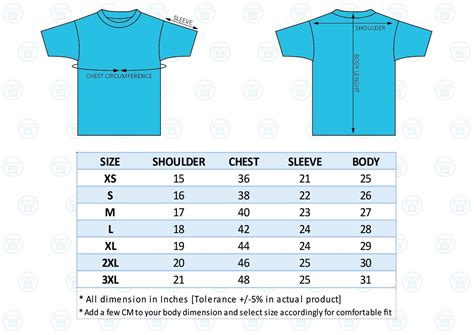 T Shirt Sizes Chart