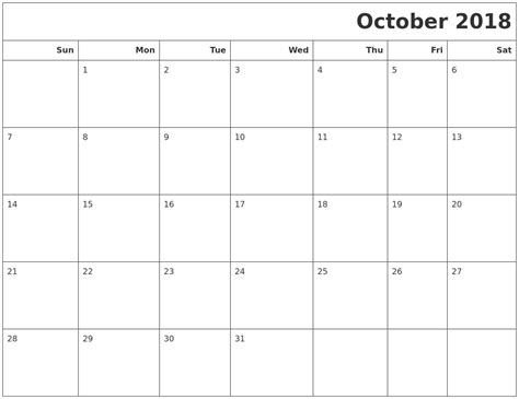 October 2018 Calendars To Print