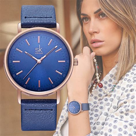Shengke Womens Blue Leather Wristwatches 4 Colors Round Dial Quartz