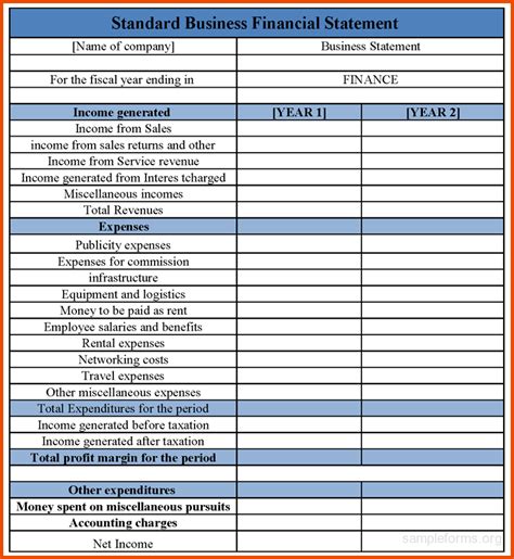 business financial statement template db excelcom