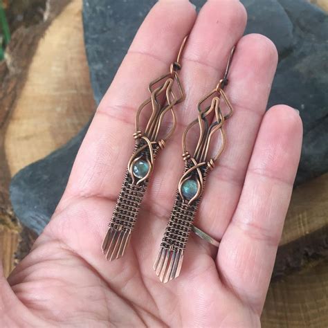 Labradorite Earrings Wire Wrap Earrings Copper Earrings Etsy