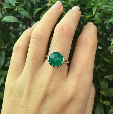 Green Gemstone Round Silver Ring Green Onyx Stackable Ring Faceted