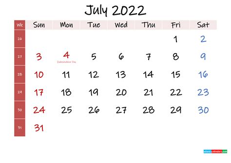 July 2022 Free Printable Calendar Template K22m367
