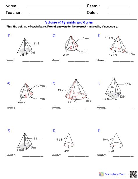 Area and volume, grade 11 mathematics practice test, volume and surface area of rectangular prisms and cylinders, 9 area perimeter and volume mep y9 practice book b, surface area and volume work with answers. 32 Surface Area And Volume Of Pyramids And Cones Worksheet Answers - Notutahituq Worksheet ...