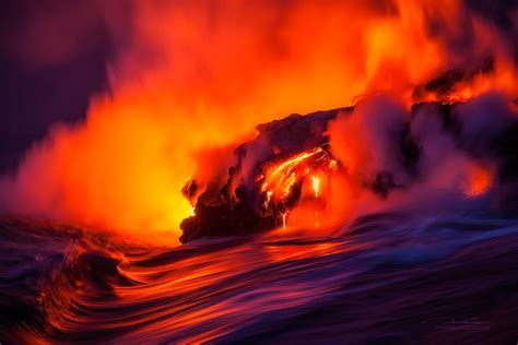 Lava Flowing Towards Body Of Water Digital Wallpaper Volcanic Eruption