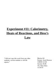 Lab Report 11 Experiment 11 Calorimetry Heats Of Reactions And