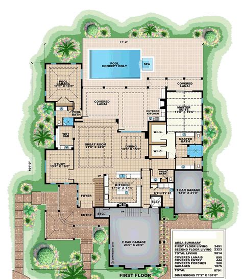 Florida Style House Plan 75918 With 5 Bed 6 Bath 3 Car Garage