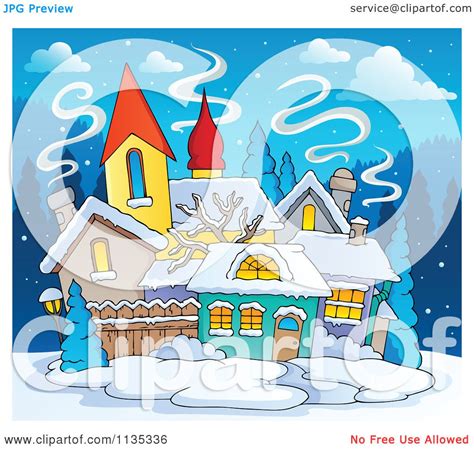 Cartoon Of A Winter Village With Snow At Night Royalty Free Vector