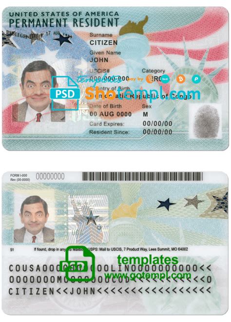 usa green card permanent resident card template in psd format fully editable 2020 present