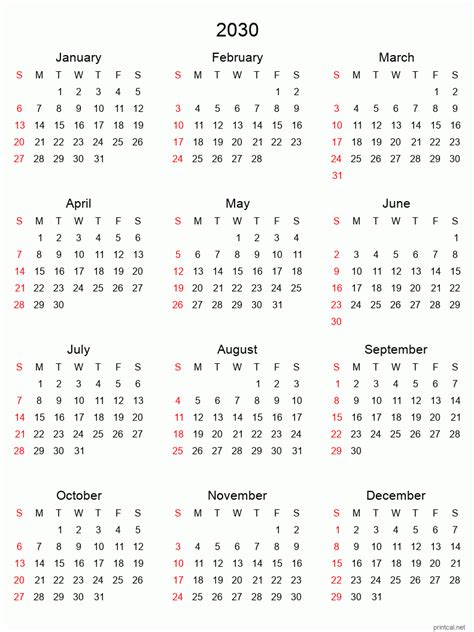 2030 Printable Calendar Yearly Calendar Tabular Style