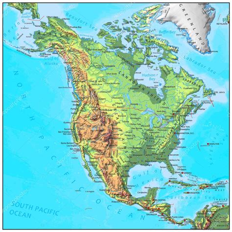 mapa continente físico de américa del norte — vector de stock © benkenogy 79205072