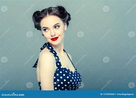 Pin Up Woman Portrait Beautiful Retro Female In Polka Dot Dress With