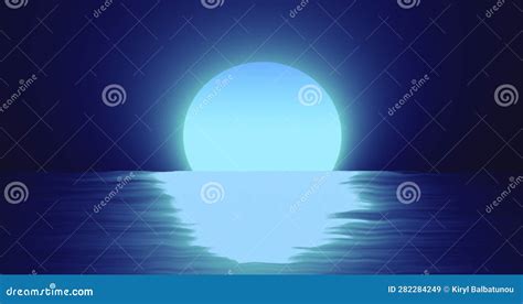 Abstract Blue Moon Over Water Sea And Horizon With Reflections Stock