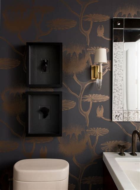 Dark Powder Room With Gold Black Wall Paper Powder Rooms Are A Great