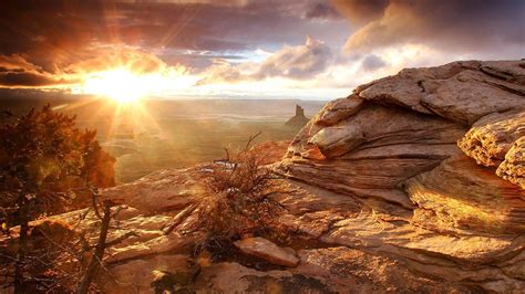 Sunset Landscape Rock Sun Rays Nature Hd Wallpaper Wallpaper Flare