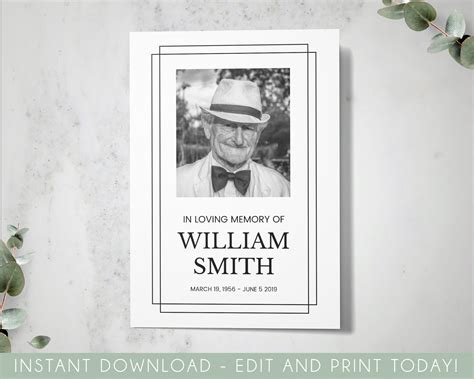 Funeral program, funeral template for man, memorial template, memorial