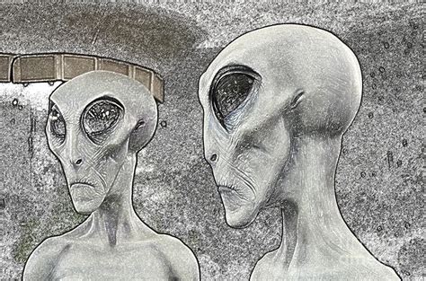 two grey aliens science fiction portrait colored pencil digital art digital art by shawn o brien