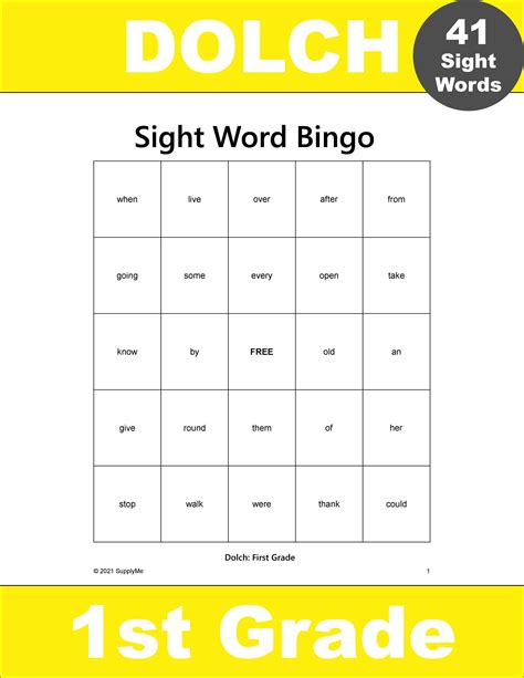 First Grade Sight Words Bingo All 41 Dolch 1st Grade Sight Words In