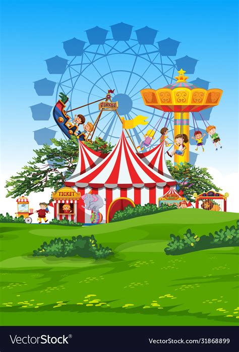 Cartoon Amusement Park With Ferris Wheel And Kids Vector Image