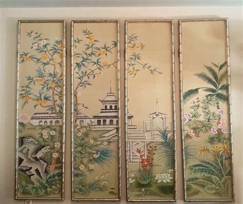Hand Painted Vintage Chinoiserie 4 Panel Screen With Silver Faux Bamboo