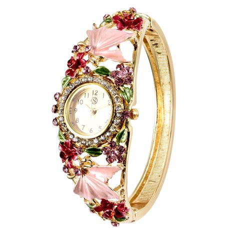 Strada Japanese Movement Pink And Red Austrian Crystal Floral Pattern Bangle Watch Size 6 5 In