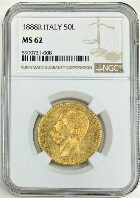 Very Rare 1888 Italy Gold Coin 50 Lire Ngc Ms62 King Umberto I Mintage