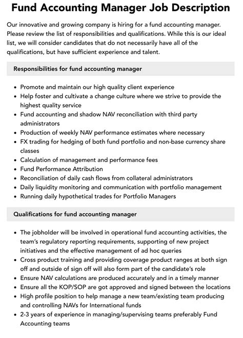 Fund Accounting Manager Job Description Velvet Jobs