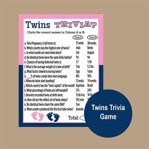Twins Trivia Game Printable Twins Baby Shower Blue And Pink Etsy