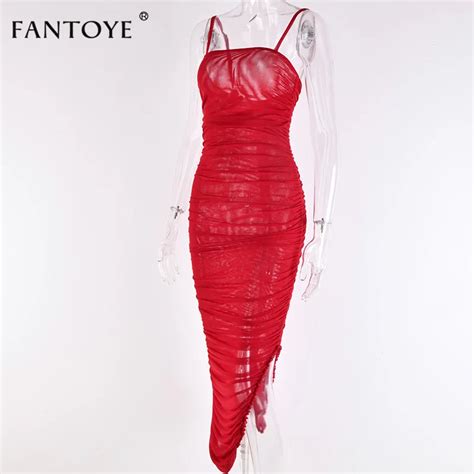Fantoye Ruched Sheer Sexy Party Dress Women 2020 Strapless Slit Long Maxi Dress Elgant Summer
