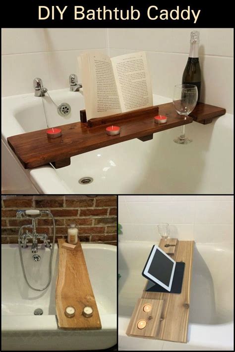 First, a tub caddy capable of providing a simple surface upon which we could place drinks, valuables, and some decorations to enjoy while we soak… DIY Bathtub Caddy | Diy bathtub, Bathtub caddy, Outdoor bathtub