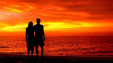 Romantic Couple On Beach Sea Red Sky Sunset Wallpaper Hd Wallpapers Com