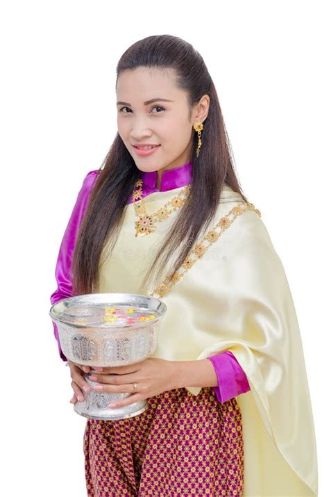 Beautiful Thai Girl Wearing Red Thai Traditional Dress In Loy Krathong Festival Stock Image