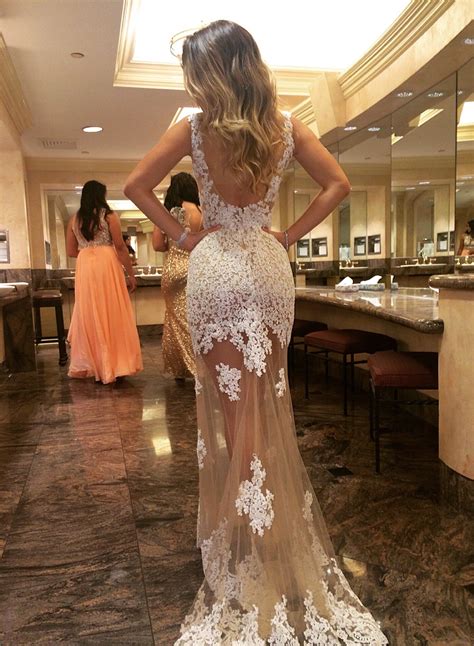 Sexy See Through White Lace Prom Dress Mermaid Prom Dress Backless