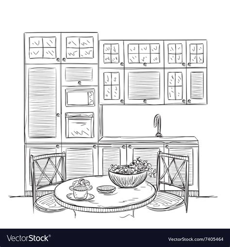 Kitchen Interior Sketch With Dinner Table Vector Image