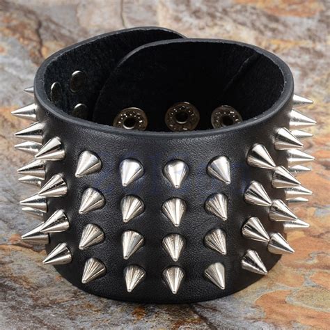 Punk Leather Black 4 Row Rivet Spike Stud Gothic Rock Bracelet Cuff