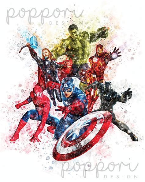 Avengers Superheroes Watercolor Printable Wall Art Marvel Etsy