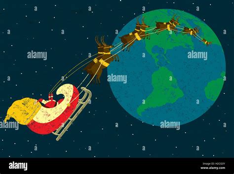Santa Delivering Presents Santa Claus Flying Around The World In His