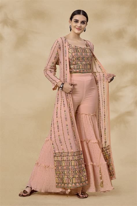 Peach Georgette Sharara Set With Floral Resham Zari Mirror Sequin All