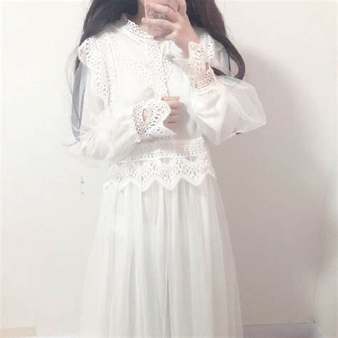 Japan Harajuku Women White Black Tulle Long Dress Lace Hollow Out